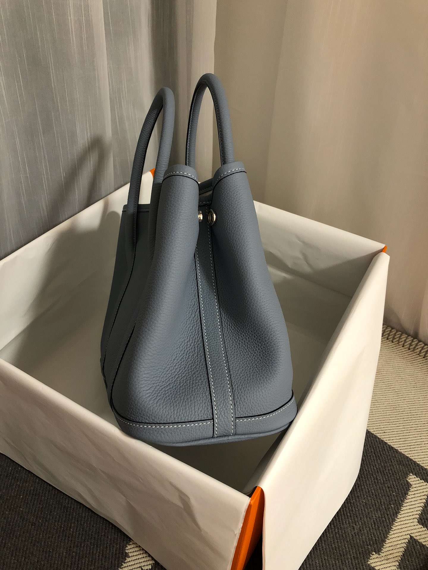 Hermes Garden Party 30cm Tote Handbag In Blue Lin Clemence Leather